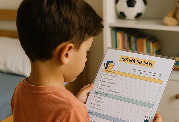 Menino usando seu checklist personalizado